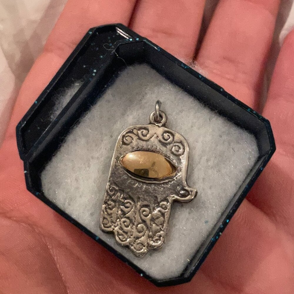 Vintage Signed Israeli Hamsa Pendant in Original Box